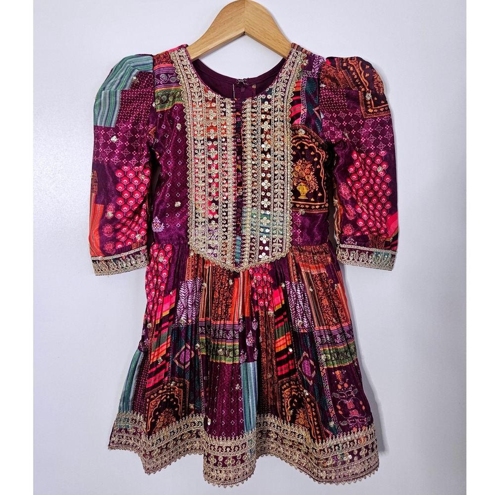 Girls 3pc Sharara Set Indian Ethnic Wear Purple Patchwork Gold Gota Sequin Sz 28
